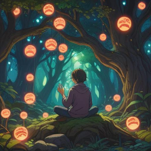 A serene landscape depicting a person meditating under a large tree, surrounded by glowing orbs of light symbolizing positive energy, gentle sunlight filtering through leaves, calm and peaceful atmosphere, vivid colors, nature's tranquility, mindfulness practice, 4k