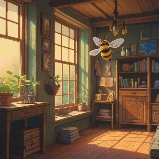 A serene and mystical scene of a bee entering a cozy home, warm sunlight filtering through the windows, tranquil ambiance, symbolic representation of transformation and spiritual messages, soft-focus on the bee delicately hovering near a flower vase, rich textures of wooden furniture, inviting atmosphere, hints of nature inside the home, 4k