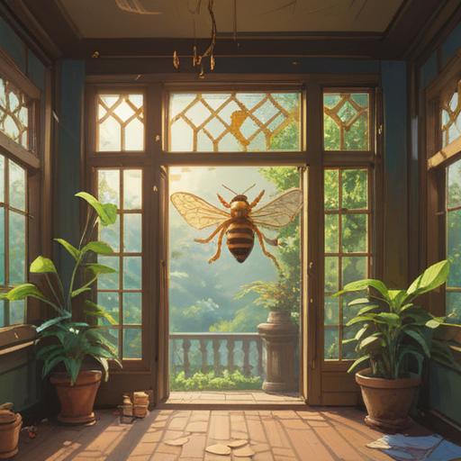 A serene and uplifting scene, a golden bee hovering at an open window, sunlight streaming in, symbolizing good fortune and positive energy, vibrant flowers in the foreground, gentle breeze rustling leaves, tranquil atmosphere, spiritual significance, detailed surroundings, vivid colors, 4k