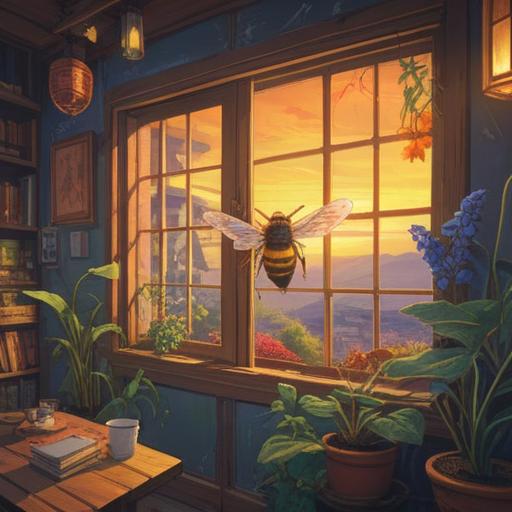 A spiritual scene depicting a bee entering a house, symbolizing change and transformation, warm light filtering through a window, the bee hovering near a vibrant flower pot, reflections of sunlight creating a serene atmosphere, subtle hints of nature’s connection, vivid colors representing positivity and growth, 4k