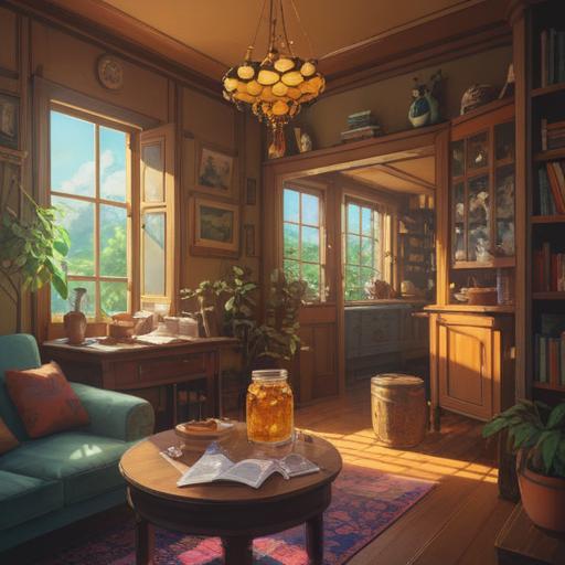 A cozy living room scene, a honeybee buzzing around, sunlight streaming through the window, a small jar of honey on the table, symbolic lucky charms scattered around, vibrant colors, inviting atmosphere, capturing the essence of good fortune, 4k