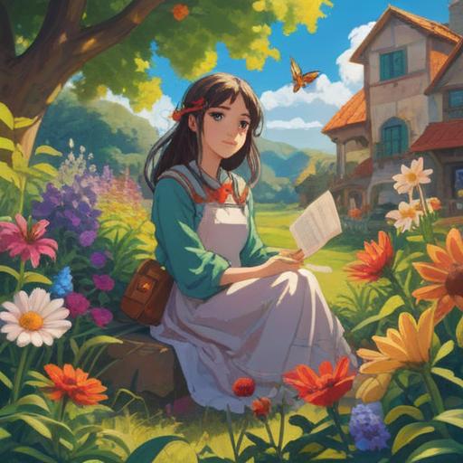 A serene moment in nature, a young woman sitting peacefully in a blooming garden, surrounded by colorful flowers and buzzing bees, radiant sunlight filtering through the leaves, a gentle expression on her face, symbolizing spiritual awakening and connection, ethereal atmosphere, vibrant colors, harmonious coexistence, uplifting energy, 4k