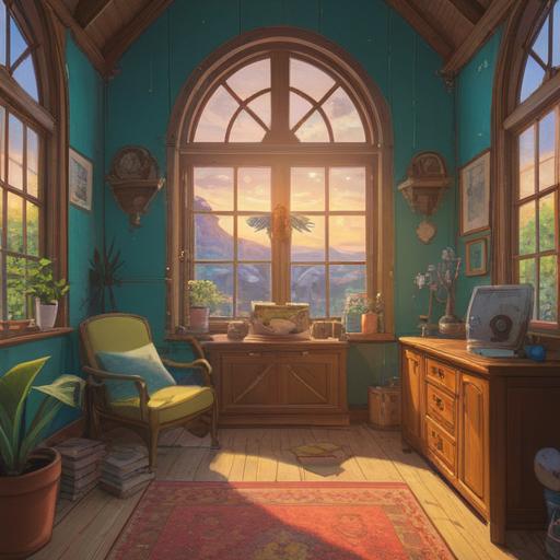 A bee entering a house, symbolizing spiritual growth and transformation, sunlight streaming through the window, serene atmosphere, gentle colors, nature-inspired elements, subtle hints of floral patterns, harmonious surroundings, representing abundance and enlightenment, intricate details in the environment, inviting and peaceful vibe