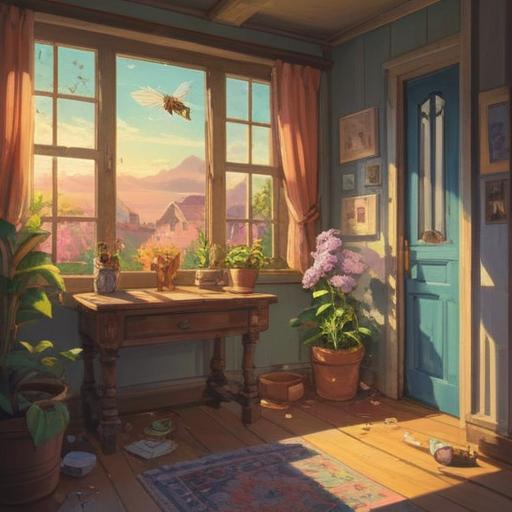 A serene and mystical illustration of a bee entering a cozy home, warm sunlight streaming through the window, symbolic flowers surrounding the entrance, a sense of harmony and spiritual connection, soft pastel colors, detailed interior with inviting decor, the bee glowing softly to represent positivity, peaceful atmosphere, 4k