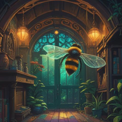 A symbolic representation of a bee entering a home, spiritual significance, a sense of caution, ethereal glow surrounding the bee, intricate details illustrating the bee's wings, soft light illuminating the scene, focus on the connection between nature and home, peaceful yet alert atmosphere, 4k