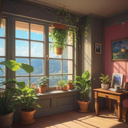 A cozy living room scene, a bee buzzing through an open window, sunlight streaming in, a small potted plant on a table, glimmering lucky items scattered around, a vintage charm, warm colors, inviting atmosphere, cheerful ambiance, 4k