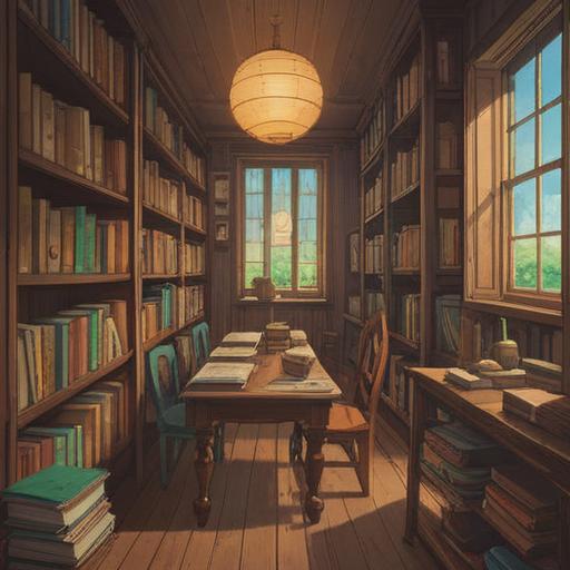 A serene library scene, stacks of books neatly organized on shelves, a wooden table with open notebooks and pens, sunlight streaming through large windows, soft green plants in the corners, quiet atmosphere, scholars engaged in deep discussion, capturing the essence of study and collaboration, 4k