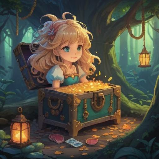 A magical treasure chest overflowing with shimmering golden hair strands, enchanted forest backdrop, ethereal glow surrounding the treasure, whimsical creatures peeking from behind trees, vibrant colors, detailed foliage, mysterious atmosphere, inviting aura, 4k