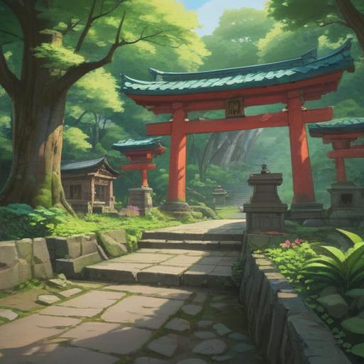 A serene illustration capturing the spiritual essence of Hodoyama Shrine, lush green surroundings, a tranquil pathway leading to the shrine, ancient trees providing shade, soft sunlight filtering through branches, traditional Japanese architecture, intricate torii gate, a peaceful atmosphere, spiritual symbols and offerings, harmonizing with nature, reflective mood, 4k