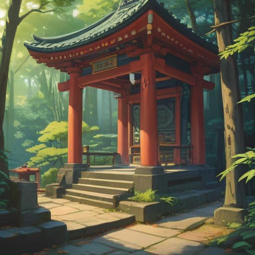 A serene illustration of Hobozan Shrine, lush greenery surrounding the traditional architecture, soft sunlight filtering through the trees, symbolic elements representing spiritual signs, visitors engaged in prayer, a tranquil river nearby, gentle waves reflecting light, peaceful and uplifting atmosphere, 4k