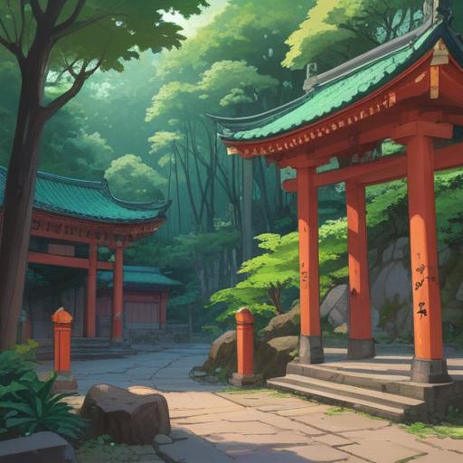 A vibrant illustration of a visit to Hodozan Shrine, lush greenery surrounding the shrine, mystical aura in the air, subtle spiritual signs like glowing orbs and gentle winds, visitors observing nature with curiosity, serene atmosphere, detailed depiction of shrine architecture, soft beams of sunlight filtering through trees, harmonious interaction with nature, spiritual journey, 4k