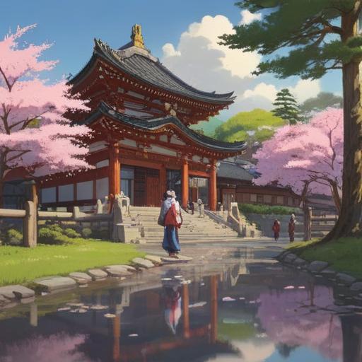 A serene illustration of Hōdōzan Shrine, visitors in traditional clothing, a beautiful landscape with cherry blossom trees, the sun setting softly in the background, playful foxes symbolizing luck, intricate details on shrine architecture, peaceful atmosphere, golden luck charms in hand, 4k
