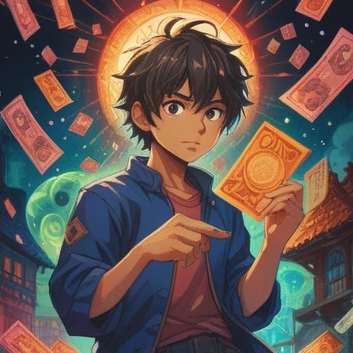 A mystical scene depicting a person holding a lottery ticket with a glowing aura, surrounded by symbolic imagery of fortune and success, ethereal light illuminating their face, serene expression, peaceful surroundings, magical elements like floating orbs and shimmering stars, vibrant colors blending harmoniously, 4k