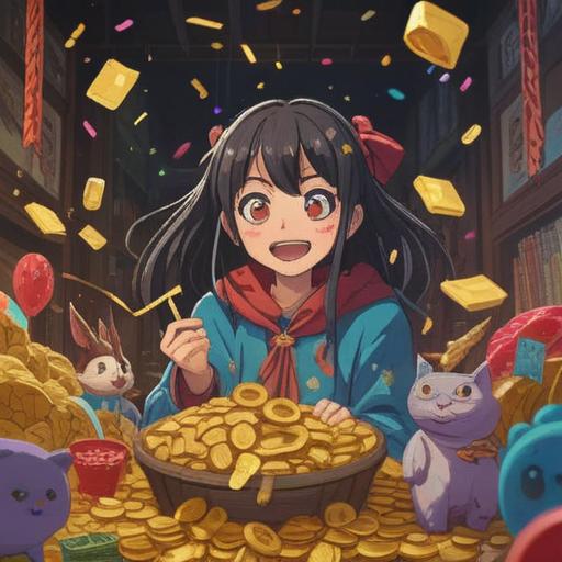 A vibrant illustration of a lucky lottery winner surrounded by various lucky items, colorful confetti raining down, a joyfully surprised expression, golden lottery ticket in hand, symbols of good fortune like four-leaf clovers and horseshoes, bright and cheerful setting, 4k