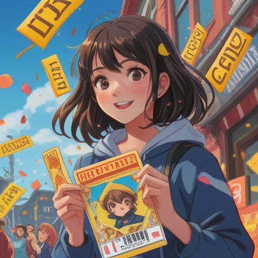 A joyful scene of a person holding a lottery ticket, surrounded by celebratory confetti, bright colors, a backdrop of planes and travel destinations, a sense of excitement and adventure, capturing the moment of newfound freedom, dreamy atmosphere, 4k