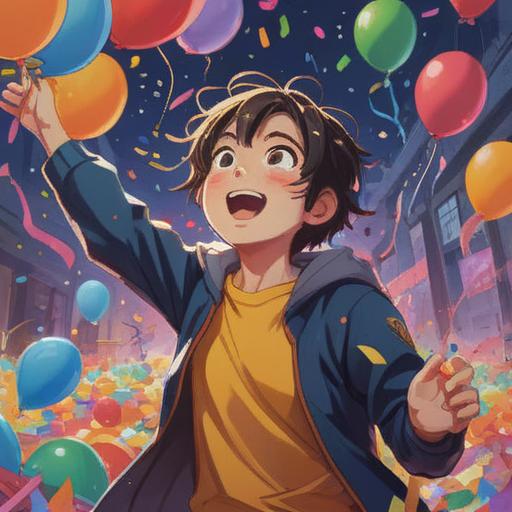 A vibrant illustration of a person celebrating their lottery win, surrounded by confetti and balloons, depicting a joyful expression, colorful surroundings, actions representing good fortune like a four-leaf clover and lucky charms, a sense of excitement and hope, detailed elements showing plans for the winnings, 4k