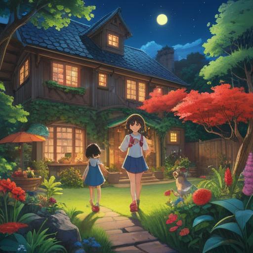 A lush, vibrant scene of a happy family enjoying life together, luxurious home in the background, joyful children playing in the garden, parents smiling and sharing quality time, beautiful sunset casting a warm glow, a sense of fulfillment and abundance, engaging in various enriching activities, 4k