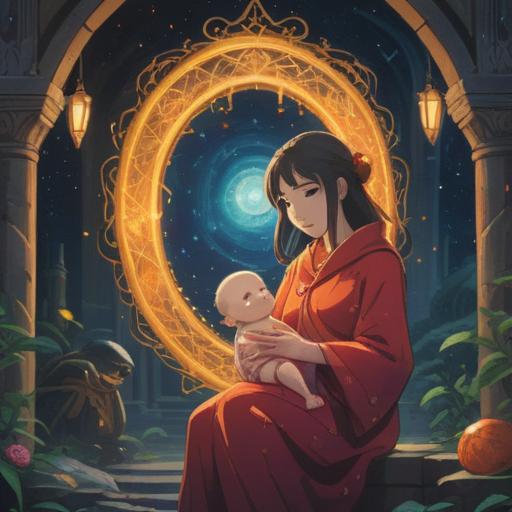 A serene and mystical scene depicting a mother with a child, surrounded by glowing symbols representing spiritual signs, soft rays of light filtering through trees, an ethereal atmosphere, gentle expressions conveying peace and connection, nature in harmony, vibrant colors reflecting positivity, 4k