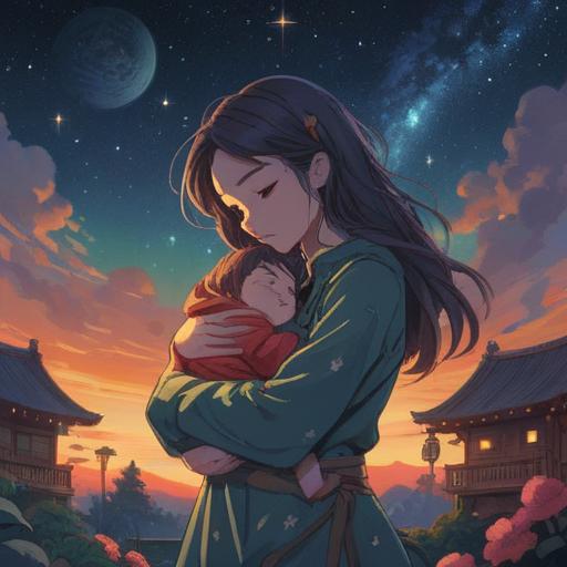 A serene and mystical illustration, a mother and child together under a starlit sky, symbolizing deep spiritual connection, intertwined birth dates represented by glowing numbers in the stars, gentle expressions of love and understanding, nature elements surrounding them, soft pastel colors, ethereal lighting, peaceful ambiance, harmonious bond, 4k