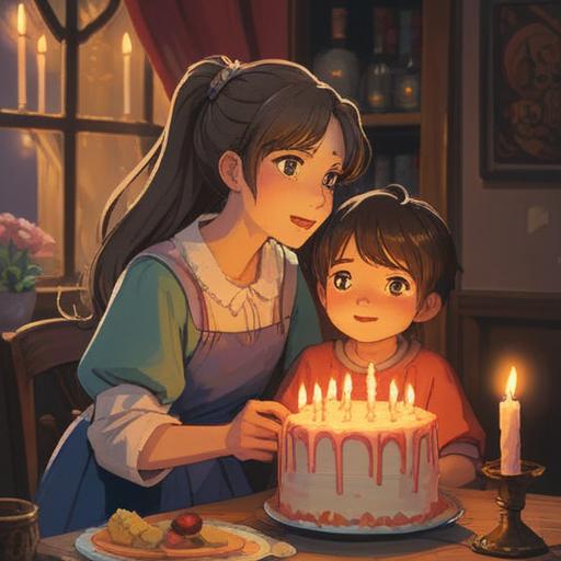 A serene scene depicting a mother and child celebrating their shared birthday, soft glowing candles on a cake, a warm connection between them, cosmic symbols in the background reflecting spirituality, radiant light illuminating their joyful faces, elements of nature surrounding them like flowers and butterflies, peaceful atmosphere, 4k