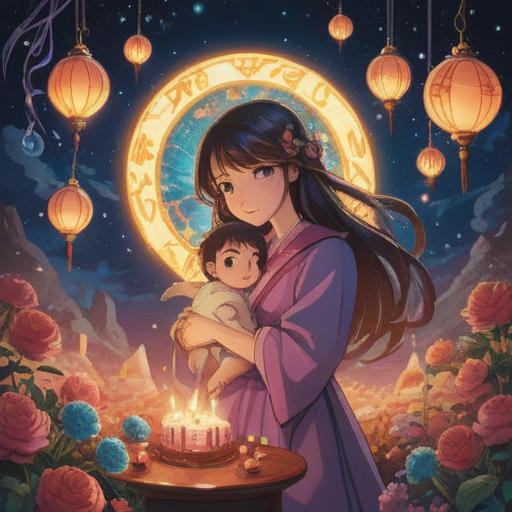 A serene and mystical illustration of a mother and child celebrating their birthday together, surrounded by celestial symbols and ethereal lights, a gentle aura of connection and love, emphasizing spiritual signs like butterflies and stars, soft pastel colors, tranquil environment, harmonious interactions, 4k