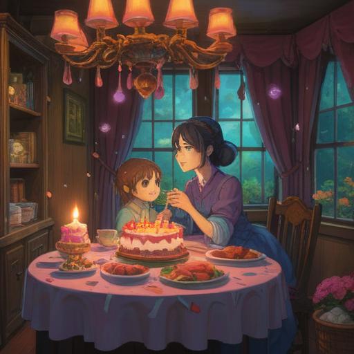 A warm and heartwarming scene depicting a mother and child celebrating their shared birthday, the table adorned with a beautifully decorated cake topped with matching candles, colorful balloons and gifts surrounding them, a vibrant atmosphere filled with joy and laughter, emphasizing the special bond between them, captured in a bright and cheerful color palette, 4k