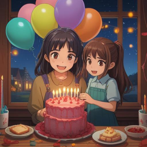 A heartwarming scene of a daughter and her mother celebrating their shared birthday, a beautifully decorated cake with two sets of candles, vibrant balloons and streamers, a cozy living room filled with love and laughter, warm lighting illuminating their joyful faces, heartfelt moments captured in smiles and hugs, 4k
