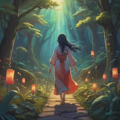 A serene and symbolic illustration, a mother figure standing on a path split into two, ethereal glow surrounding her, contrasting spiritual elements depicting disconnection, soft light illuminating the background, a tranquil forest setting, hints of mystical symbols in the air, emotional resonance, 4k