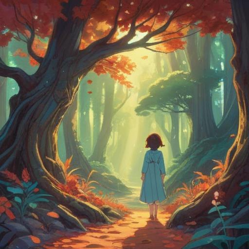 A serene and introspective scene depicting a mother and child at a crossroads, ethereal light shining through trees, a gentle breeze causing leaves to flutter, symbols of spiritual growth around them, soft pastel colors, a feeling of connection and reflection in the air, delicate details in their expressions, warm and inviting atmosphere, 4k