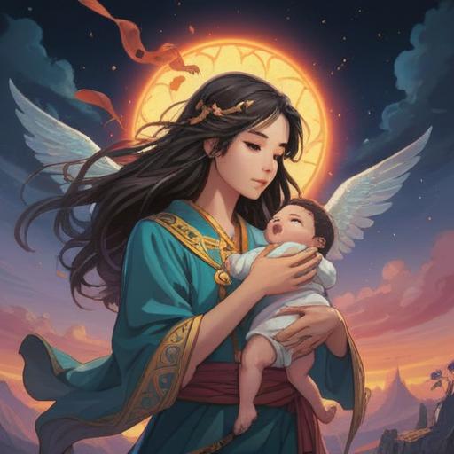 A mystical illustration depicting spiritual signs when a mother and child are not in harmony, ethereal symbols in the air, subtle glowing energies, a serene yet tense atmosphere, soft light filtering through trees, a child gazing thoughtfully, intricate patterns around, 4k