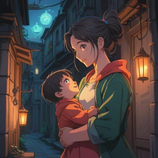 A symbolic illustration of a mother and child separated by a wall, a lucky charm glowing between them, vibrant colors, emotional expressions, serene environment, hopeful atmosphere, detailed textures, symbolic elements representing love and reconciliation, 4k
