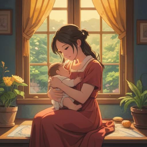 A serene and emotional scene depicting a mother and child sharing a heartfelt moment, warm sunlight streaming through a window, the child resting their head on the mother's lap, gentle expressions conveying love and comfort, nurturing environment with soft pillows and plush toys, a cozy room filled with memories, 4k