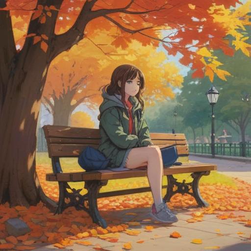 A serene and introspective illustration, depicting a young woman sitting on a bench in a peaceful park, surrounded by autumn leaves, soft sunlight filtering through trees, a gentle aura indicating spiritual growth, a subtle glow surrounding her, expressive eyes reflecting deep emotions, symbolic elements like butterflies or feathers representing transformation, a tranquil atmosphere, 4k