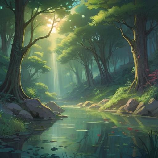 A serene and ethereal landscape, soft light filtering through trees, a gentle river flowing, symbolic representations of life and death, a figure meditating beside the water, surrounded by glowing orbs, peaceful and contemplative atmosphere, deep connection to nature, rich in spiritual symbolism, 4k