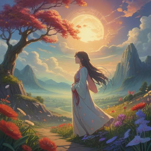 A serene and mystical landscape, ethereal light beams breaking through clouds, a gentle figure representing a motherly spirit, symbolic elements like flowers and butterflies, a sense of peace and transformation, vibrant colors, nature's beauty, 4k