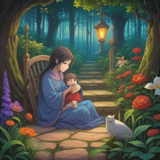 A heartwarming scene depicting a mother and child sharing a peaceful moment, bonding over a beautifully crafted handmade gift, a serene garden setting with blooming flowers, gentle sunlight filtering through the trees, soft smiles exchanged, symbolizing love and connection, warm color palette, 4k