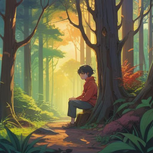 A serene scene depicting a person in deep contemplation, surrounded by gentle nature, warm sunlight filtering through trees, peaceful expression, symbolic gestures of openness and kindness, inviting atmosphere, soft color palette, harmonious setting, 4k