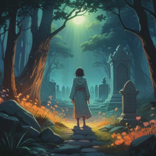 A serene spiritual scene depicting an individual standing before a grave, ethereal light illuminating their surroundings, expressing a sense of longing and remembrance, soft wisps of fog swirling around, gentle symbols of connection with the departed, tranquil atmosphere, colorful flowers at the grave, peaceful sky overhead, 4k