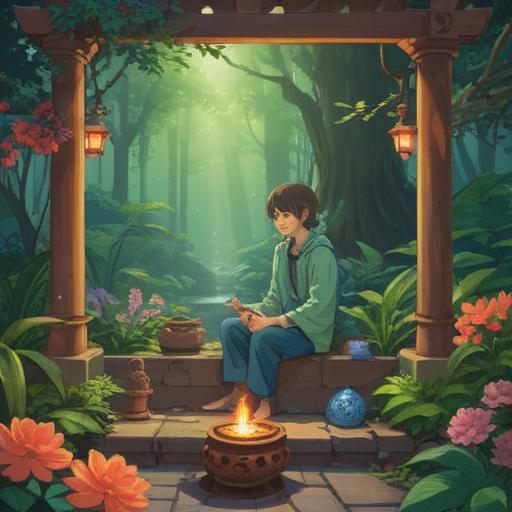 A serene illustration of a person sitting peacefully in a tranquil garden, surrounded by lush greenery and blooming flowers, holding a small incense burner, gentle smoke wafting into the air, representing healing scents for those unable to visit graves, calming atmosphere, soft sunlight filtering through the leaves, emotional connection to memories, 4k