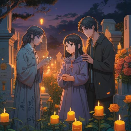 A heartwarming illustration of a family connecting with their loved ones at a cemetery, virtual offerings of flowers and light candles shown on a digital screen, serene atmosphere, soft sunlight filtering through trees, a sense of love and remembrance, detailed background of stones and grass, emotional expressions, conveying connection despite distance, 4k