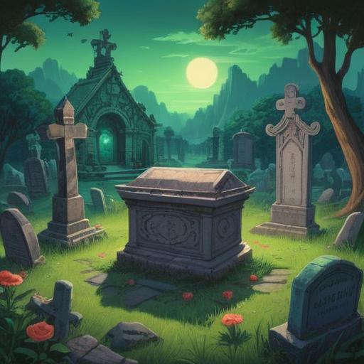 A serene cemetery scene, a tranquil graveyard filled with lush green grass, an unexpected encounter with a small lizard, spiritual symbolism of rebirth and transformation, warm sunlight filtering through the trees, peaceful atmosphere, soft shadows, intricate details in gravestones, reflection of nature's cycle, vivid colors, capturing the essence of spirituality, 4k