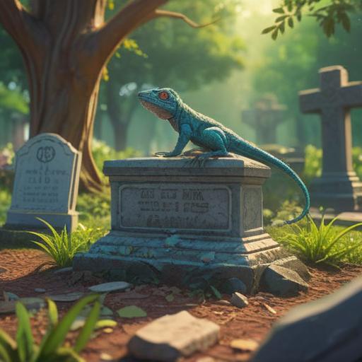 A serene grave visiting scene, a lizard resting on a gravestone, soft sunlight filtering through trees, an aura of tranquility, symbolic connection with the spiritual realm, gentle breeze rustling leaves, harmonious atmosphere, nature's presence, 4k