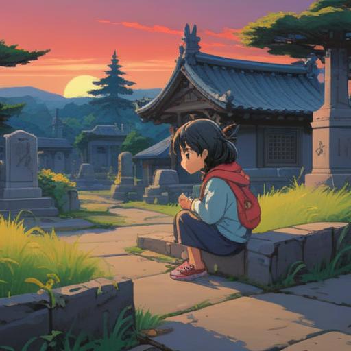 A serene scene of a traditional Japanese cemetery at dusk, a child observing a small lizard perched on a gravestone, a sense of wonder and luck in the air, offerings of flowers and incense nearby, mysterious shadows cast by the setting sun, hints of nature surrounding the gravestones, a feeling of connection to ancestors, tranquil ambiance, 4k