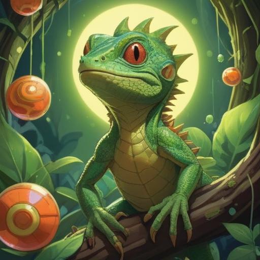 A serene scene of a lizard perched on a vibrant green leaf, surrounded by glowing orbs symbolizing luck, sunlight filtering through the trees, a gentle breeze rustling the leaves, a person reaching out with a smile, feeling the positive energy, harmonious nature setting, warm color palette, 4k