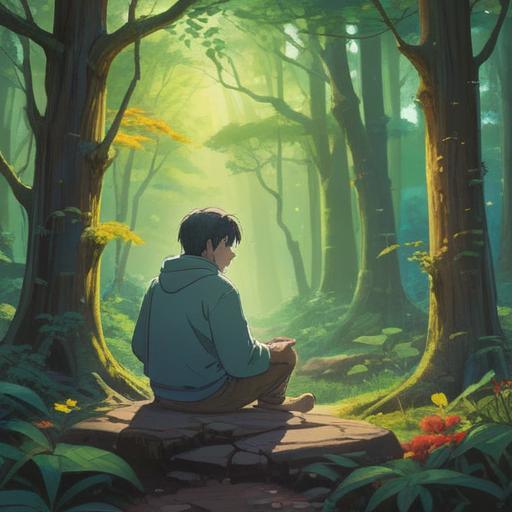 A serene and meditative landscape, gentle light filtering through trees, a person sitting in contemplation, signs of spiritual guidance around, symbolic images like feathers and hearts, calming colors, nature's tranquility, reflective moment, 4k