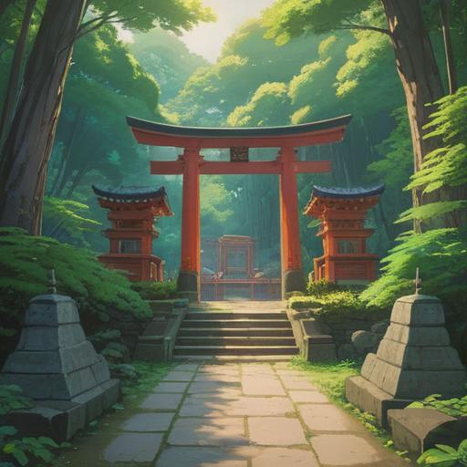 A serene landscape featuring the Hodaka Shrine, lush greenery surrounding the shrine, soft sunlight filtering through the trees, a tranquil atmosphere depicting a spiritual connection, subtle symbols of good omens like fluttering leaves and gentle mist, visitors in peaceful contemplation, rich cultural details, harmonious blend with nature, 4k