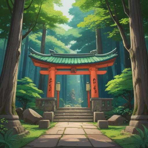 A serene illustration of Hodaka Shrine, lush green trees surrounding the entrance, a spiritual ambiance, subtle signs of spiritual presence, traditional Japanese architecture, a tranquil atmosphere, visitors observing their surroundings, hints of nature's guidance, 4k
