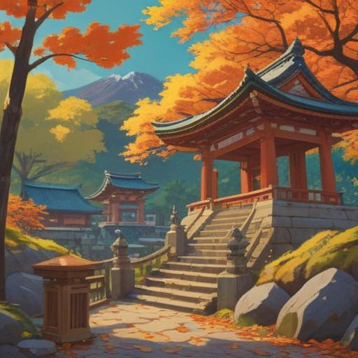 A serene illustration of travelers at Hotaka Shrine, capturing the moment after offering prayers, joyful expressions, surrounded by vibrant autumn foliage, traditional Japanese architecture, a sense of peace and good fortune, soft sunlight filtering through the trees, a feeling of gratitude and hope, 4k