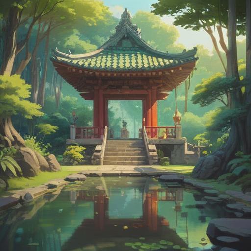 A serene illustration of a peaceful shrine visit, lush greenery surrounding the shrine, people engaging in reflection and gratitude, soft sunlight filtering through the trees, calming atmosphere, individuals practicing mindfulness, traditional Japanese architecture, vibrant autumn leaves, 4k