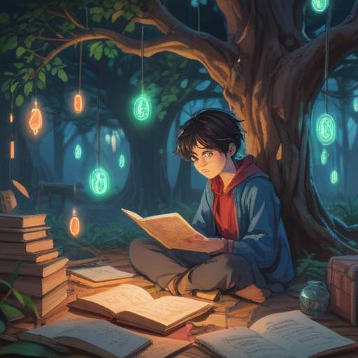 A serene and inspiring scene depicting a person studying under a glowing tree, ethereal light illuminating the pages, surrounded by floating, mystical symbols representing knowledge and wisdom, calm surroundings with soft clouds and gentle breeze, a sense of enlightenment and clarity, 4k